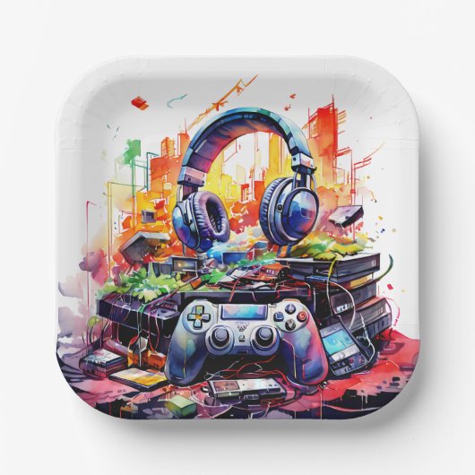 ビデオコントローラとヘッドフォンボーイの誕生日 ペーパープレート (正面)