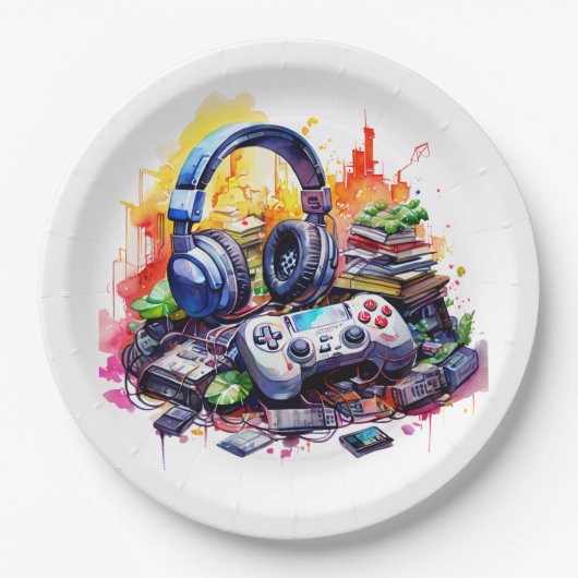 ビデオコントローラとヘッドフォンボーイの誕生日 ペーパープレート (正面)