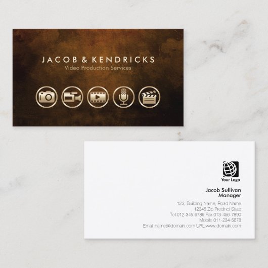 ビデオ制作サービスの金ゴールドアイコングランジ茶色 名刺 (正面/裏面)