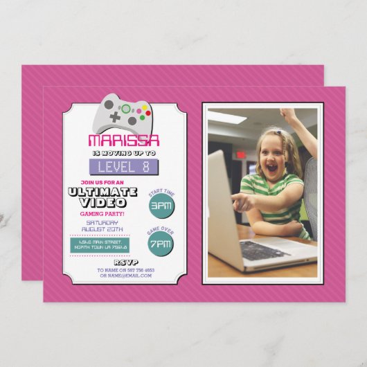 ビデオ賭博のパーティー用のゲームのピンクの写真の女の子の賭博 招待状 (正面/裏面)