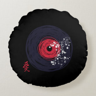 ビニールのレコードグランジレトロと桜 ラウンドクッション
