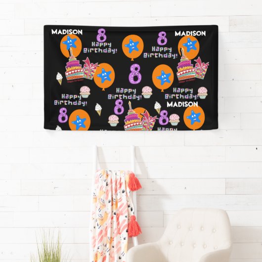 ビニールバナー、ハッピー8誕生日バナー、#8ブラック 横断幕 (インサイチュ)