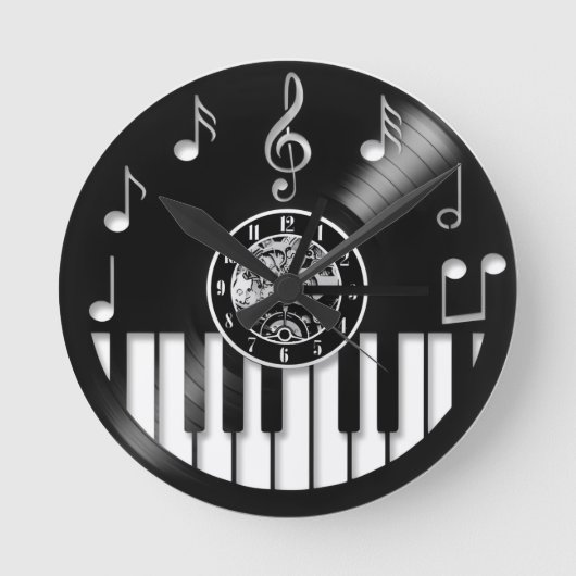 ビニールレコードピアノと音楽要素 ラウンド壁時計 (正面)