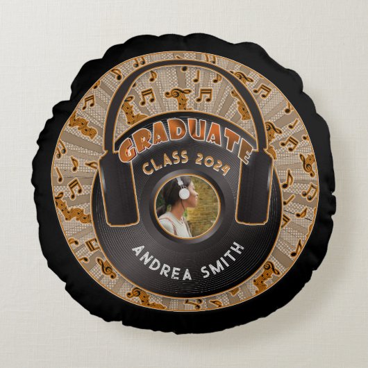 ビニールレコードヘッドホモダンンレトロミュージカルグラード ラウンドクッション (正面)