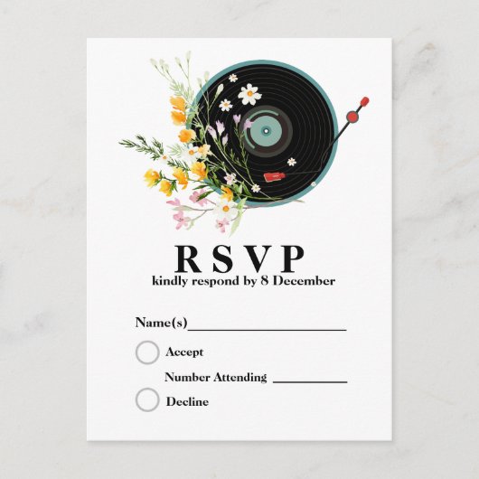 ビニールレコード,  オールディーズ, 郷愁の音楽, 花, 大人 ポストカード (正面)