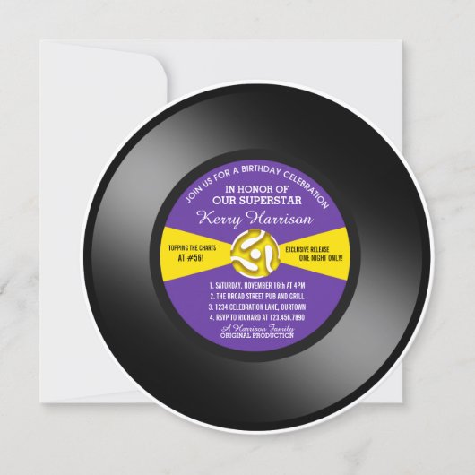 ビニール45回転レコードの誕生日パーティー招待状 招待状 (正面)