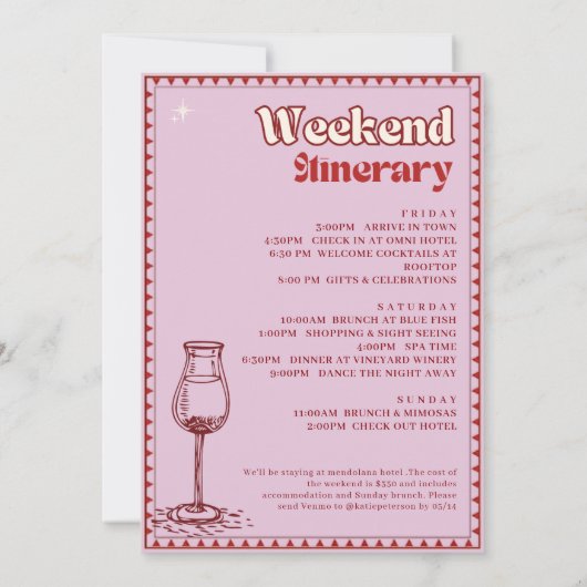 ビノウィーブーズバチェロレッテ週末の日程 招待状 (裏面)