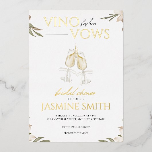 ビノウィーブーズ金ゴールドホワイトフローラブライダルシャワー 箔招待状 (正面)