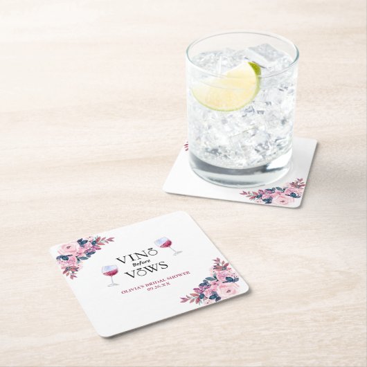 ビノウィーヴュエレガントワインブライダルシャワーフローラ スクエアペーパーコースター (インサイチュ)