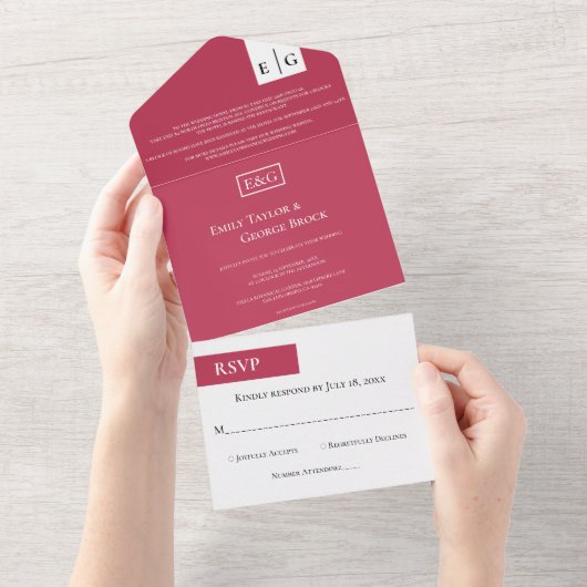 ビバエレガントモダンマゼンタモノグラム結婚ズ オールインワン招待状 (貼ってはがせる)