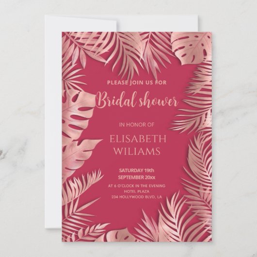 ビバマジェンタ ローズゴールド トロピカルリーフ ロマンチック 招待状 (正面)