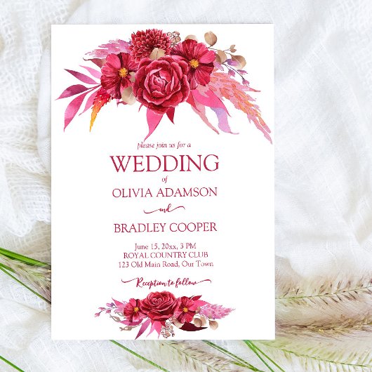 ビバマゼンタクリムゾンバーガンディ花バラ 招待状