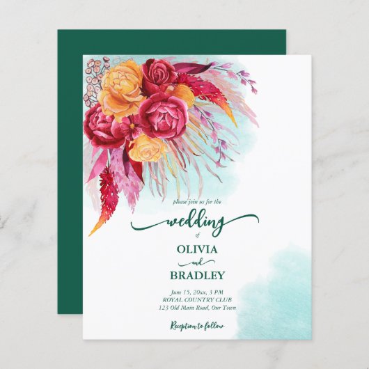 ビバマゼンタブルゴーニュオレンジバラ予算招待状 (正面/裏面)