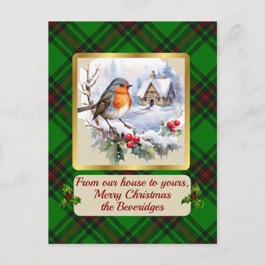 ビバリッジ・クレスト&タータンチェック(ロビン付パーソナライズされた) シーズンポストカード (正面)