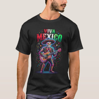 ビバ・メキシコ・マリアッチTシャツ、カラフルなスケルトンのギター Tシャツ
