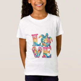 ビビッドなトロピカルビーチの夕焼けLOVE ウミガメアート Tシャツ