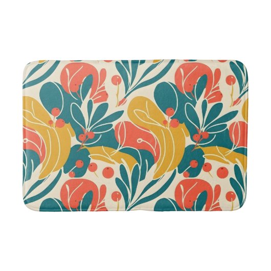 ビビッドなレトロボタニカル フローラル ティール＆オレンジ バスマット (正面)