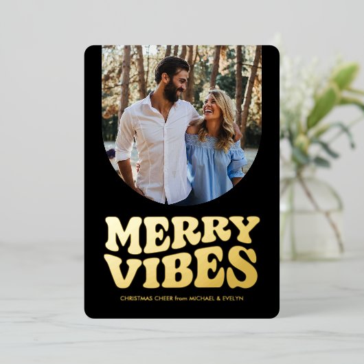 ビブメリースおもしろいレトロ写真黒金ゴールドクリスマス 箔シーズンカード (立ち正面)