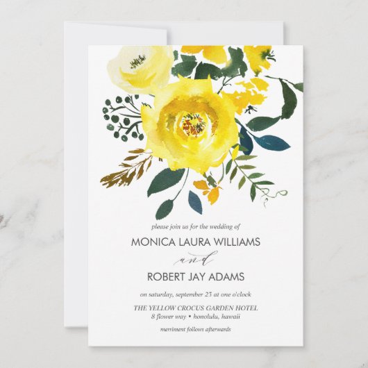 ビブラントイエロー結婚フローラタイポグラフィ 招待状 (正面)