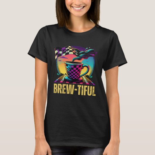 ビブロTifulコーヒーカップ鮮やかな色レトロコーヒー Tシャツ (正面)