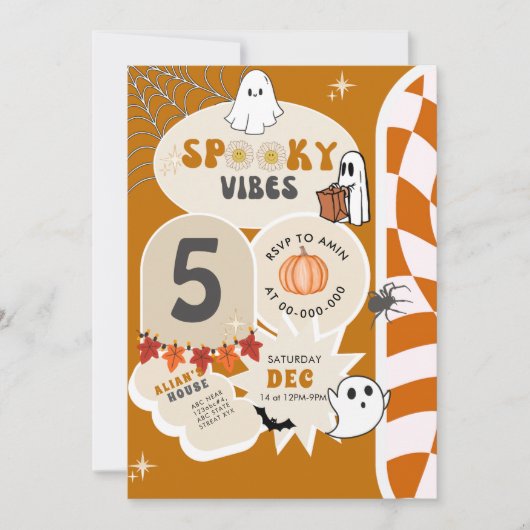 ビブ不気味スレトロ市松模様にハロウィーン誕生日 招待状 (正面)