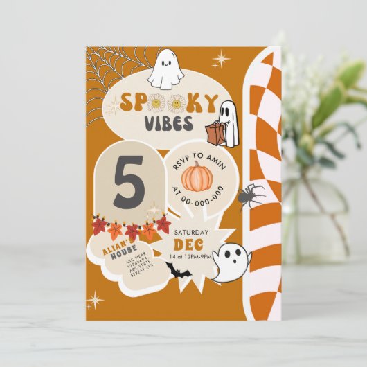 ビブ不気味スレトロ市松模様にハロウィーン誕生日 招待状 (スタンド正面)