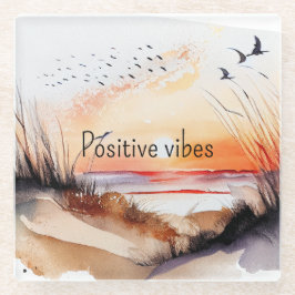 ビブ前向きスビーチサンセットと鳥 ガラスコースター