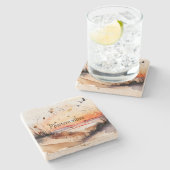 ビブ前向きスビーチサンセットと鳥 ストーンコースター (横)