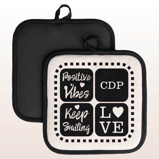 ビブ前向きス保は笑顔を追加イニシャル黒 鍋敷き