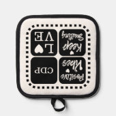 ビブ前向きス保は笑顔を追加イニシャル黒 鍋敷き (正面)