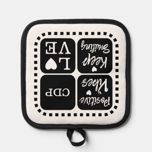 ビブ前向きス保は笑顔を追加イニシャル黒 鍋敷き (正面)