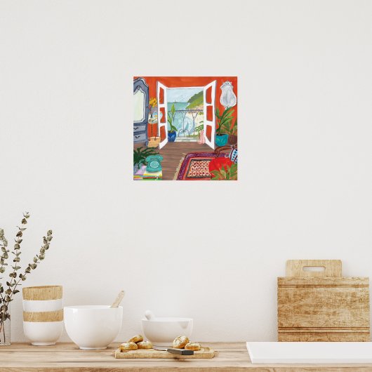 ビューオブザシーアパートメントインテリアウォーターカラーアート ポスター (キッチン)