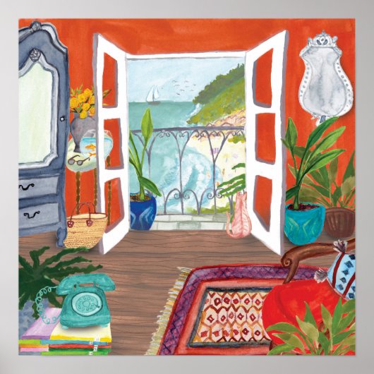 ビューオブザシーアパートメントインテリアウォーターカラーアート ポスター (正面)