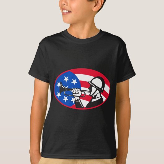 ビューグルを持つアメリカの兵士および星条旗 Tシャツ (正面)