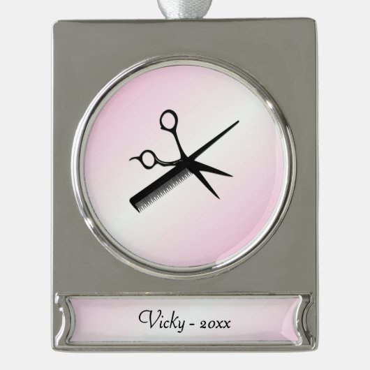 ビューティシャンデザインピンク シルバープレートバナーオーナメント (正面)