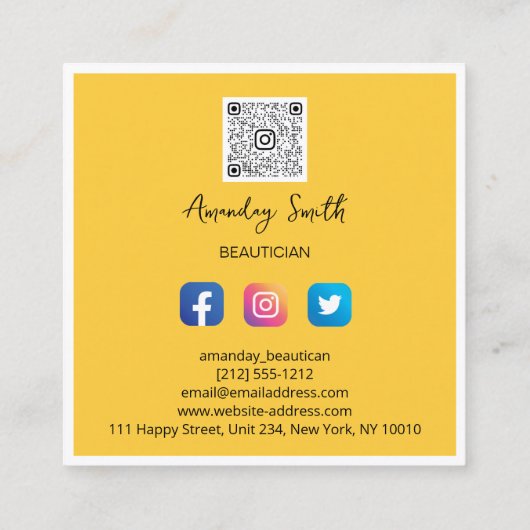 ビューティシャンQRコードロゴ枠付き黄色白黒 スクエア名刺 (裏面)