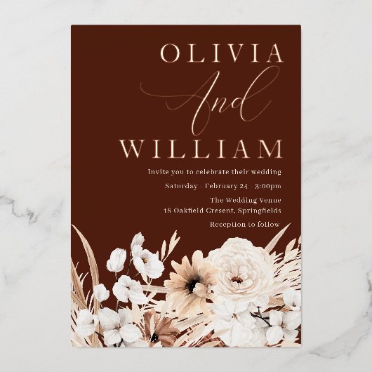 ビューティフエレガントボホフローラ結婚ズバラ金ゴールド 箔招待状 (正面)