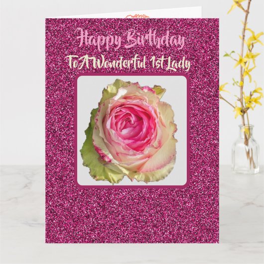 ビューティフルきらめくピンクローズファーストレディ誕生日 カード (黄色い花)