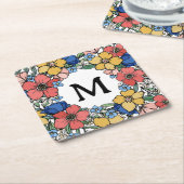 ビューティフルイエローブルーコーラルフローラモノグラム スクエアペーパーコースター (アングル)