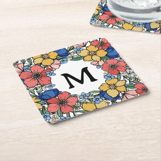 ビューティフルイエローブルーコーラルフローラモノグラム スクエアペーパーコースター (アングル)