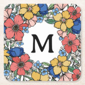 ビューティフルイエローブルーコーラルフローラモノグラム スクエアペーパーコースター (正面)