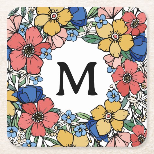 ビューティフルイエローブルーコーラルフローラモノグラム スクエアペーパーコースター (正面)