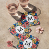 ビューティフルイエローブルーコーラルフローラモノグラム スクエアペーパーコースター