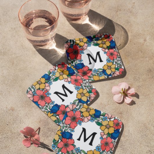 ビューティフルイエローブルーコーラルフローラモノグラム スクエアペーパーコースター