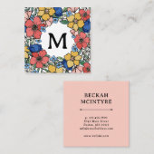 ビューティフルイエローブルーコーラルフローラモノグラム スクエア名刺 (正面/裏面)