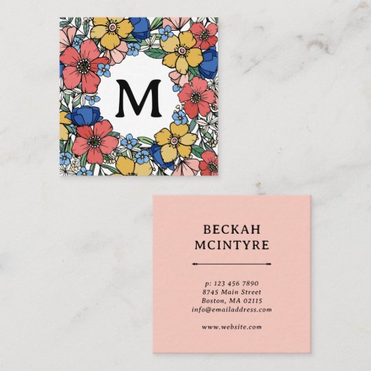 ビューティフルイエローブルーコーラルフローラモノグラム スクエア名刺 (正面/裏面)