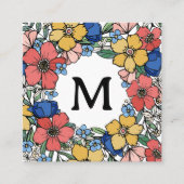 ビューティフルイエローブルーコーラルフローラモノグラム スクエア名刺 (正面)