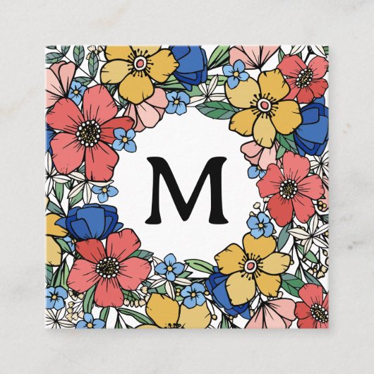 ビューティフルイエローブルーコーラルフローラモノグラム スクエア名刺 (正面)