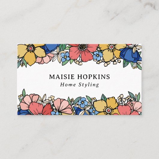 ビューティフルイエローブルーコーラル花模様 名刺 (正面)
