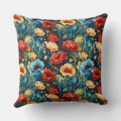 ビューティフルイエローレッドブルーフラワーズボタニカルプリント クッション (裏面)